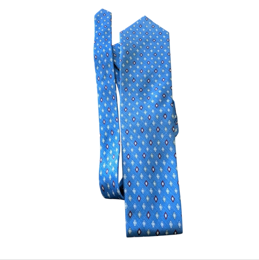💥SALE💥 VTG Umberto Bossi Blue Silk Men's Tie with Geometric Diamond Pattern - Picture 3 of 7